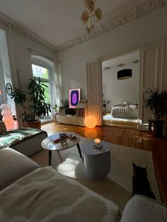 a living room filled with furniture and a cat sitting on top of a coffee table