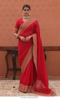 Shop Bollywood Model Organza silk red wedding saree online at kollybollyethnics from India with free worldwide shipping. Red Wedding Saree, Red Saree Wedding, Saree Blouse Styles, Lace Saree, Bridal Lehenga Collection, Trendy Dress Outfits, Wedding Saree Indian, Party Wear Lehenga, Beautiful Dress Designs