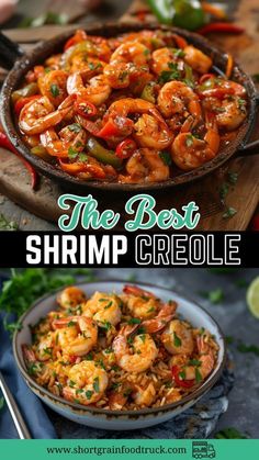 shrimp and rice dish in a skillet with text overlay that reads the best shrimp crumble