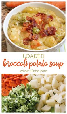 loaded broccoli potato soup in a white bowl with carrots and celery