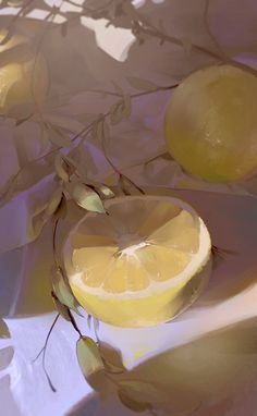 a painting of lemons and leaves on a white tablecloth with watercolor effect