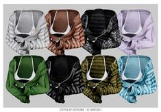 six different colored sweaters with bows on the front and back, all in various colors