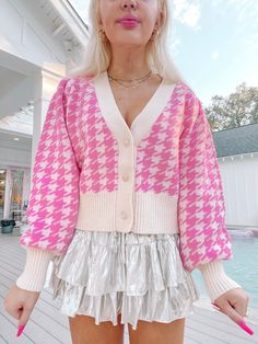 Our Ellison Pink Houndstooth Cardigan is the definition of cute and preppy. This long sleeve candy pink houndstooth cardi features a relaxed fit and button front. content: 52% acrylic, 35% cotton, 13% poly care: hand wash cold Trendy Pink Fall Cardigan, Plaid Long Sleeve Sweater For Spring, Trendy Houndstooth Winter Sweater, Trendy Houndstooth Sweater For Winter, Chic Plaid Cardigan For Spring, Spring Plaid Long Sleeve Cardigan, Trendy Gingham Long Sleeve Outerwear, Winter Houndstooth Long Sleeve Cardigan, Long Sleeve Houndstooth Cardigan For Fall