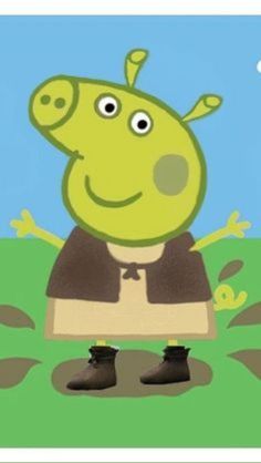 a green cartoon character standing in the grass