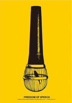 a bird in a cage sitting on top of a yellow background with the words,'freedom