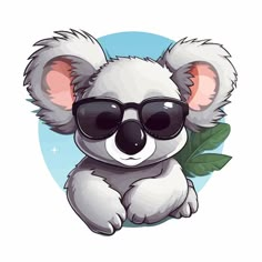 a koala bear wearing sunglasses and holding a leaf