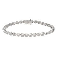 Featuring an elegant diamond cluster design, this sterling silver tennis bracelet radiates sophistication and beauty.BRACELET DETAILS     Length: 7-in.     Closure: box     Metal: sterling silver      Plating: rhodium     Packaging: boxed                 DIAMOND DETAILS     Total weight: 1 ct.     Color: white     Color grade: I     Clarity: I3     Cut: single     Setting: prong       Gemstones may have been treated to enhance their appearance. Special care may be required. Please visit our Gems Elegant Silver Tennis Bracelet With Halo Setting, Formal Silver Tennis Bracelet With Halo Setting, Classic Cubic Zirconia Bracelets With Halo Setting, Formal Tennis Bracelet With Halo Setting, Silver Tennis Bracelet With Halo Setting For Anniversary, Silver Halo Setting Tennis Bracelet For Anniversary, Elegant Diamond Bracelet With Halo Setting, Classic Formal Tennis Bracelet With Halo Setting, Formal Silver Diamond Bracelet With Halo Setting