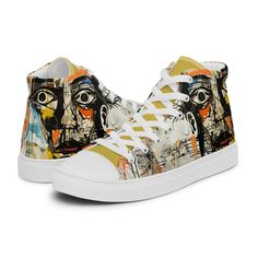 Step into a world where fashion meets art with our men's classic high sneaker! Designed with my artistic flair inspired urban street art, these high sneakers are a bold statement of individuality and style. Crafted from durable polyester, canvas , they're not just built to last but also to impress. What sets them apart is the striking high-quality print of my unique designs, making each pair a work of art that reflects your distinctive fashion sense. graffiti urban style All designs are 100% made by me and are unique so you will be wearing something very unique. * 100% polyester, canvas upper side * Ethylene-vinyl acetate (EVA) rubber outsole * Breathable lining, soft insole * Faux leather toe cap * Padded collar, lace-up front Important: This product is available in the following countrie Shoes Stand, Unique Art Prints, Mens Canvas Shoes, High Sneakers, Mens High Tops, Artistic Expression, Custom Sneakers, Custom Artwork, Canvas Shoes