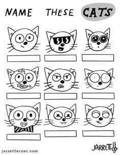 the name these cats worksheet for kids to learn how to draw and color