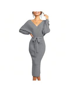 Gris Oscuro Elegante Collar manga larga  Liso Apretado Embellished Elegant Gray Bodycon Dress For Fall, Bodycon Dress With Belt, Grey Wrap Dress, Maxi Sweater, Dinner Wear, Backless Long Dress, Cocktail Dinner, Sweater Maxi Dress, Tie Waist Dress