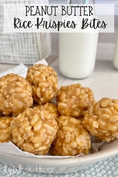 peanut butter rice krispies on a plate with milk in the background and text overlay