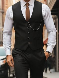 Black Work,Party Collar Sleeveless Woven Fabric Plain  Embellished Non-Stretch Spring/Summer/Fall Men Clothing Suit With Vest Men, Bartender Outfit Men, Party Suits Men, Black Vest Outfit Men, Vest Suit Men, Black Vest Men, Vest Men Outfit, Men Vest Outfits, Bartender Outfit