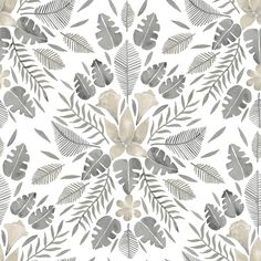 a white and gray floral wallpaper with leaves