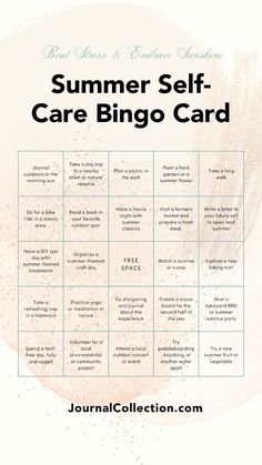 the summer self care bingo card