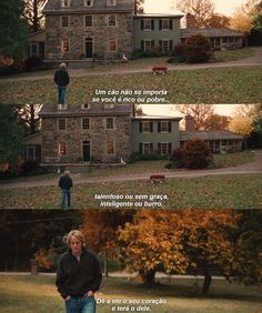 two people standing in front of a house with the caption's above them