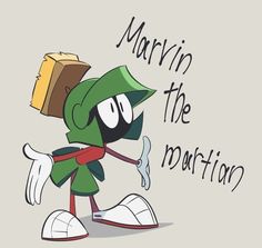 marvin the martian cartoon character holding a piece of paper with his hand and pointing at it