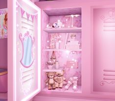 there is a pink room with teddy bears in the closet and other items on the shelves