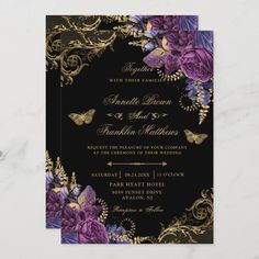 an elegant purple and gold wedding card with flowers on the front, in black background