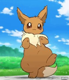 an animated image of a pokemon sitting on the ground in front of a blue sky