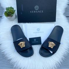 Black Medusa Versace Sandals New In Box Size Eu 40 Black Base With Gold Logo Medusa Versace, Versace Slides, Black Medusa, Versace Sandals, Block Heel Mule, Versace Shoes, Leather Sandals Flat, Black Leather Sandals, Slides Sandals