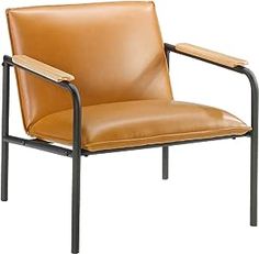 a tan leather chair with black metal frame and wooden arm rests on an isolated white background