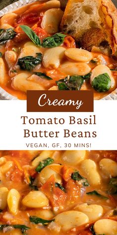 creamy tomato basil butter beans in a bowl with bread on the side and text overlay