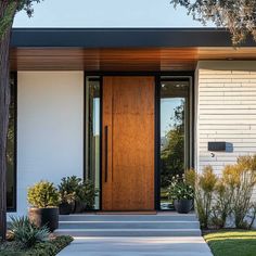 the front entrance to a modern home with wood door and sidelights on either side