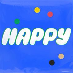 a blue bag with the word happy written in white and multicolored polka dots