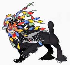 a drawing of a black dog with many colored ribbons on it's back legs