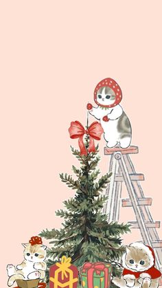 two cats sitting on top of a christmas tree with presents under it and a ladder in the background