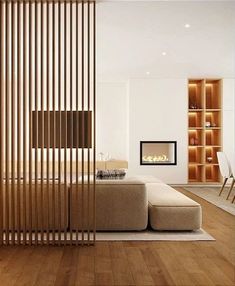 a modern living room with wooden slats on the wall