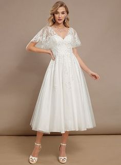 JJ's House Wedding Dresses (299593) | JJ's House A Line Lace Wedding Dress, Wedding Dresses Tea Length, Wedding Dress With Sequins, Tea Length Wedding Dress Vintage, Tulle Lace Wedding Dress, Tea Length Tulle, Dress With Sequins, Tea Length Wedding Dress, Short Lace Dress