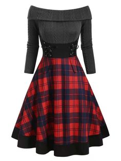 Cheap Dresses Casual, Red Plaid Dress, Robes Vintage, Lace Up Dress, Patchwork Dress, Dress Long Sleeve, Really Cute Outfits, Mode Vintage, Plaid Dress