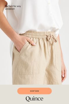 Relaxed and lightweight, these shorts are equally perfect for lounging around or stepping out to see friends. Made from soft, 100% organic linen, they’re a perfect addition for the warm weather.  | Quince | Women's Shorts in Driftwood, Size Large, Linen European Linens, Re A, Organic Linens, Stepping Out, Linen Shorts, Quince, Summer Days, Warm Weather, Women's Shorts