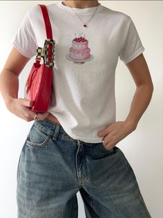 Description: Let Them Eat Cake! T-Shirt, y2k Baby 90s Tee pink gift wrap Shirt, Lightweight Soft Cotton Shirt, Sustainably made  Made with 100%, midweight (5.3 oz/yd² (180 g/m US cotton that feels soft to the touch and a great choice for any season. Made using ethically grown and harvested US cotton. Gildan is also a proud member of the US Cotton Trust Protocol ensuring ethical and sustainable means of production. This blank tee is certified by Oeko-Tex for safety and quality assurance. ✩ CARE & Pink Graphic Tee Outfit, Pink Gift Wrap, Frosted Cake, Greece Outfit, 90s Tees, Tee Designs, Wrap Shirt, Shirt Y2k, Y2k Pink