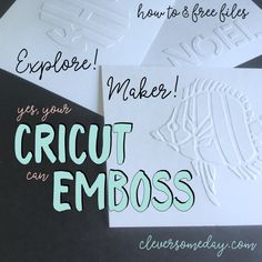 three white cards with the words cricut emboss on them