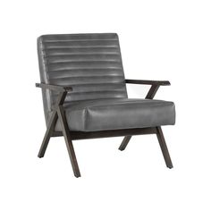 a gray leather chair with wooden legs and armrests on an isolated white background