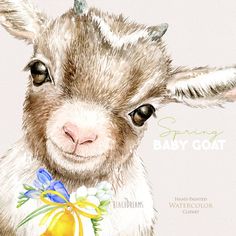 a watercolor painting of a baby goat wearing a bow