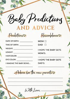 a baby's advice card with eucalyptus leaves on the front and green leaves on the back