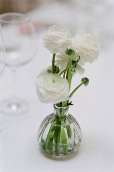 some white flowers are in a clear vase