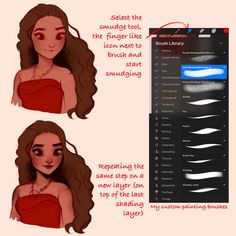 two different images of a woman's hair and the text below it reads, select the smudge tool, the finger like icon next to brush and sketch and start sanding