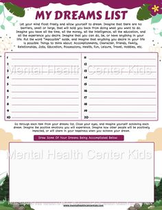 My Dreams List Worksheet for Kids and Teens Dreams List, Kids Therapy, Calm Down Bottle, Self Esteem Activities, Worksheet For Kids, Confidence Kids