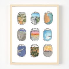 an art print with nine different images of the earth's major cities and roads