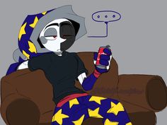 a drawing of a person sitting on a couch with a cell phone in their hand