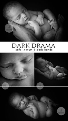 a black and white photo of a baby sleeping in his mother's arms with the caption dark drama safe in mum & dad hands