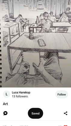 a drawing of people sitting at a table with one person looking at the other hand