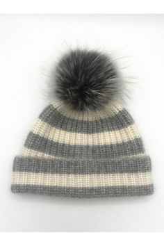 Linda Richards Knit Stripe Pom-pom Hat HA-81 | Dove Grey Dove Grey, Turks And Caicos