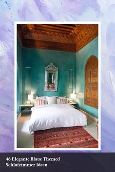 a bedroom with blue walls and white bedding, rugs on the floor and wooden ceiling