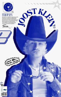 a blue poster with an image of a man in a cowboy hat and stars on it