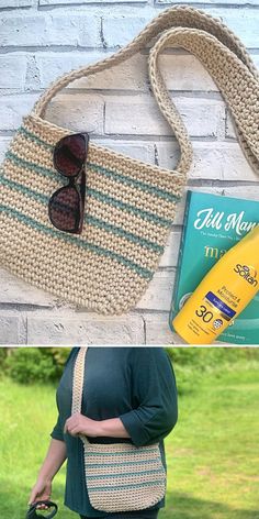 a woman carrying a crocheted purse with sunglasses on top and an open book next to it